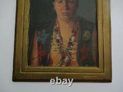 Vintage Antique Oil Painting Portrait Of A Native American Indian With Jewelry