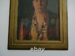 Vintage Antique Oil Painting Portrait Of A Native American Indian With Jewelry