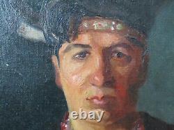 Vintage Antique Oil Painting Portrait Of A Native American Indian With Jewelry