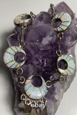 Vintage Apith L. M. Zuni Sterling Silver White Opal Crescents Inlay Necklace