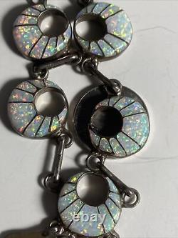 Vintage Apith L. M. Zuni Sterling Silver White Opal Crescents Inlay Necklace
