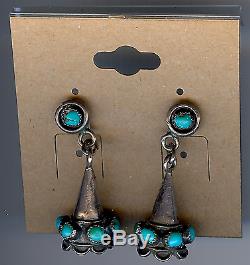 Vintage Bernard Bowekaty Zuni Indian Silver Turquoise Pierced Dangle Earrings