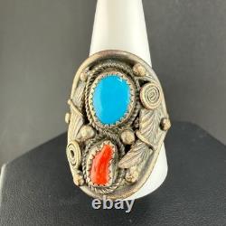 Vintage CE Ring Silver Turquoise Coral Leaf Southwest Size 12.5 READ Vintage CE Ring Silver Turquoise Coral Leaf Southwest Size 12.5 READ