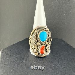 Vintage CE Ring Silver Turquoise Coral Leaf Southwest Size 12.5 READ