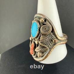 Vintage CE Ring Silver Turquoise Coral Leaf Southwest Size 12.5 READ