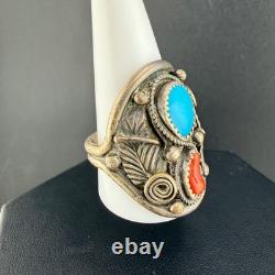 Vintage CE Ring Silver Turquoise Coral Leaf Southwest Size 12.5 READ Vintage CE Ring Silver Turquoise Coral Leaf Southwest Size 12.5 READ
