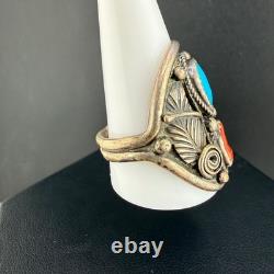 Vintage CE Ring Silver Turquoise Coral Leaf Southwest Size 12.5 READ