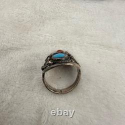 Vintage CE Ring Silver Turquoise Coral Leaf Southwest Size 12.5 READ