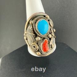 Vintage CE Ring Silver Turquoise Coral Leaf Southwest Size 12.5 READ