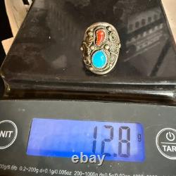 Vintage CE Ring Silver Turquoise Coral Leaf Southwest Size 12.5 READ