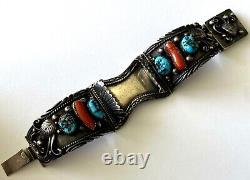 Vintage C. N. Cedric Navenma Hopi Turquoise Coral Men's Watch Bracelet 117.3gr