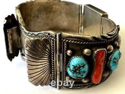 Vintage C. N. Cedric Navenma Hopi Turquoise Coral Men's Watch Bracelet 117.3gr