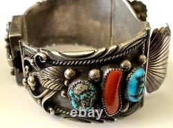 Vintage C. N. Cedric Navenma Hopi Turquoise Coral Men's Watch Bracelet 117.3gr