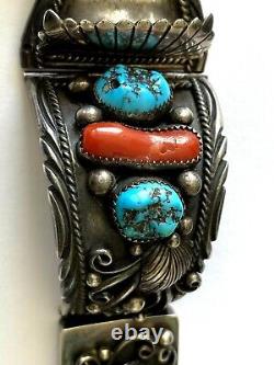 Vintage C. N. Cedric Navenma Hopi Turquoise Coral Men's Watch Bracelet 117.3gr