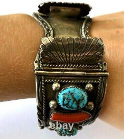 Vintage C. N. Cedric Navenma Hopi Turquoise Coral Men's Watch Bracelet 117.3gr