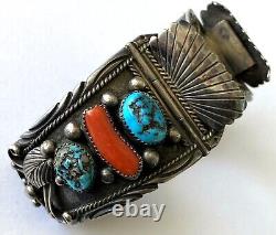 Vintage C. N. Cedric Navenma Hopi Turquoise Coral Men's Watch Bracelet 117.3gr