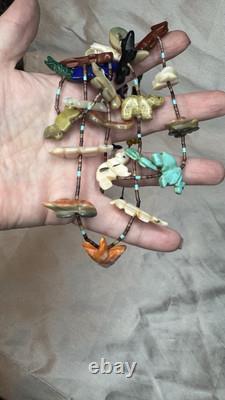 Vintage Carved Turquoise Fetish Animal Native 3 Strand Necklace Heishi 28