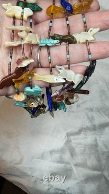 Vintage Carved Turquoise Fetish Animal Native 3 Strand Necklace Heishi 28