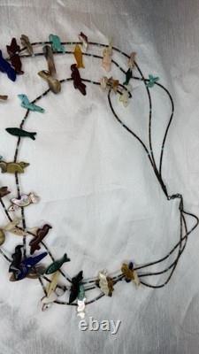 Vintage Carved Turquoise Fetish Animal Native 3 Strand Necklace Heishi 28
