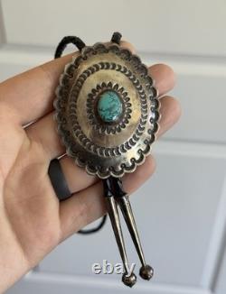 Vintage Concho Sterling Silver Native American Turquoise Bolo Tie