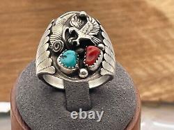 Vintage EDE Signed Sterling Silver Turquoise Coral Eagle Ring Size 11.25-31.25