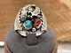 Vintage EDE Signed Sterling Silver Turquoise Coral Eagle Ring Size 11.25-31.25