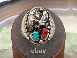 Vintage EDE Signed Sterling Silver Turquoise Coral Eagle Ring Size 11.25-31.25