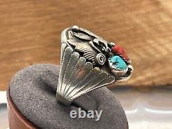 Vintage EDE Signed Sterling Silver Turquoise Coral Eagle Ring Size 11.25-31.25