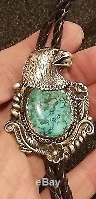 Vintage ELY Sterling Silver Navajo Turquoise Eagle Black Leather Bolo Tie