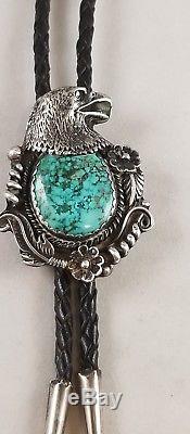 Vintage ELY Sterling Silver Navajo Turquoise Eagle Black Leather Bolo Tie