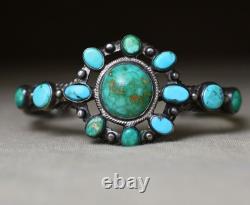 Vintage Early Navajo Native American Sterling Silver Turquoise Cuff Bracelet