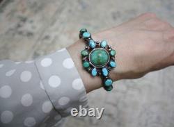 Vintage Early Navajo Native American Sterling Silver Turquoise Cuff Bracelet