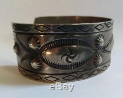 Vintage Engraved 1930 Navajo Indian Silver Whirling Logs Repousse Cuff Bracelet