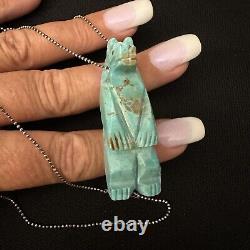 Vintage Estate Sterling Silver Native Turquoise Carved Bear Fetish Necklace 24