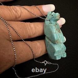 Vintage Estate Sterling Silver Native Turquoise Carved Bear Fetish Necklace 24