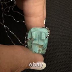 Vintage Estate Sterling Silver Native Turquoise Carved Bear Fetish Necklace 24