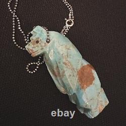 Vintage Estate Sterling Silver Native Turquoise Carved Bear Fetish Necklace 24