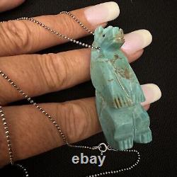 Vintage Estate Sterling Silver Native Turquoise Carved Bear Fetish Necklace 24