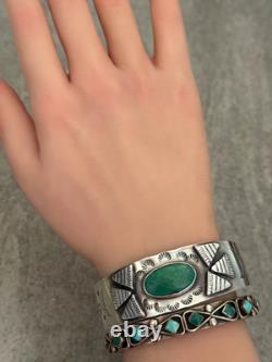 Vintage FRED HARVEY ERA Navajo Turquoise Thunderbird Sterling Bracelet 6.75 in