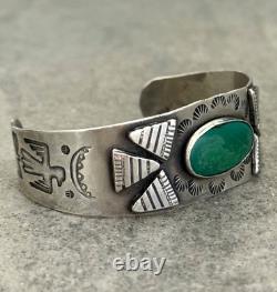 Vintage FRED HARVEY ERA Navajo Turquoise Thunderbird Sterling Bracelet 6.75 in