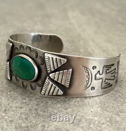 Vintage FRED HARVEY ERA Navajo Turquoise Thunderbird Sterling Bracelet 6.75 in