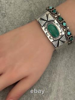 Vintage FRED HARVEY ERA Navajo Turquoise Thunderbird Sterling Bracelet 6.75 in