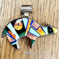 Vintage Frank Yellowhorse Navajo Sterling Silver Multi Stone Inlay Bear Pendant