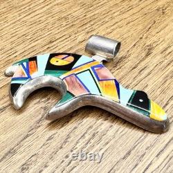 Vintage Frank Yellowhorse Navajo Sterling Silver Multi Stone Inlay Bear Pendant