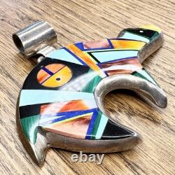 Vintage Frank Yellowhorse Navajo Sterling Silver Multi Stone Inlay Bear Pendant