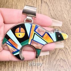 Vintage Frank Yellowhorse Navajo Sterling Silver Multi Stone Inlay Bear Pendant
