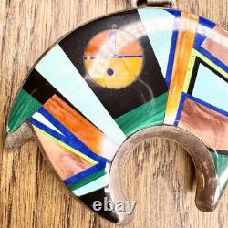 Vintage Frank Yellowhorse Navajo Sterling Silver Multi Stone Inlay Bear Pendant