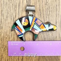 Vintage Frank Yellowhorse Navajo Sterling Silver Multi Stone Inlay Bear Pendant