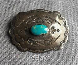 Vintage Fred Harvey Era Stamped Silver Turquoise Concho Pin