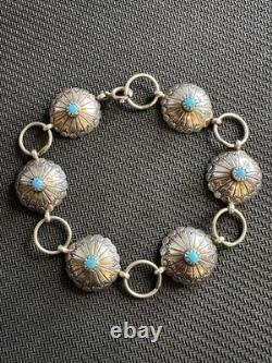 Vintage Handcrafted Native American Navajo Turquoise Concho Style Bracelet, 8in